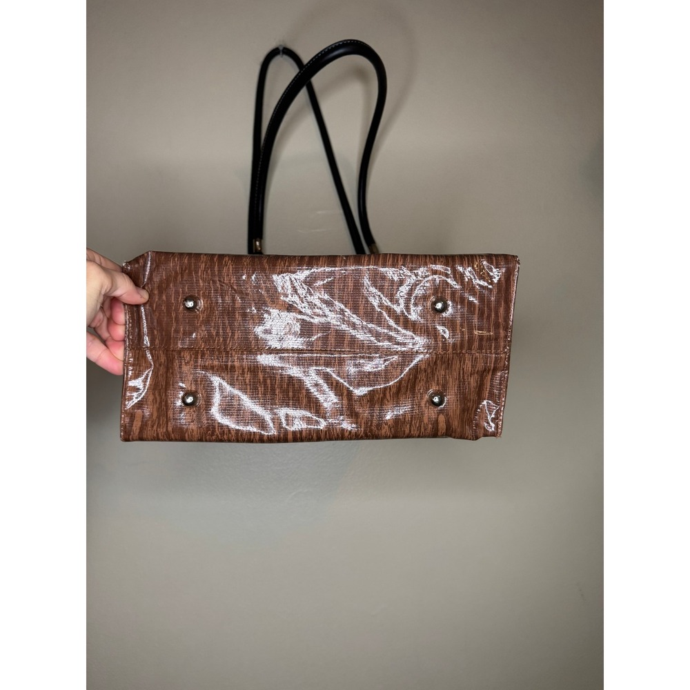 Fleebags Brown‎ Wood Grain Glossy Tote Bag Gingham Lining Shoulder Bag - Picture 4 of 4
